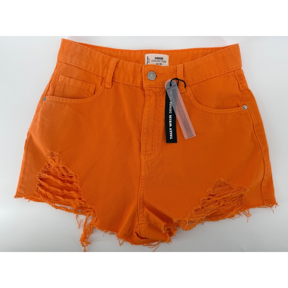 Tally Weijl Orange Distressed Denim Shorts High Waist Frayed Hem Size US 6 EUR38